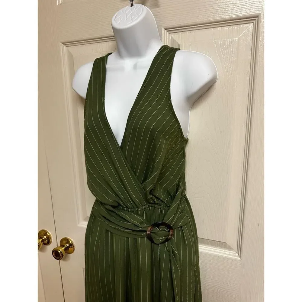 Flying Tomato Sleeveless Wide Leg Belted Jumpsuit in Green‎ Size Small